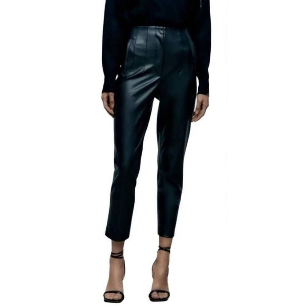 Zara Hihj Rise Faux Leather Slim Straight Leg Pants Size M Medium Black - Picture 12 of 12